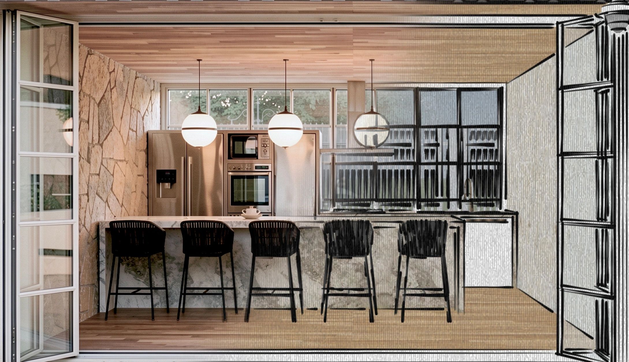 Kitchen design transitioning from sketch to finished interior